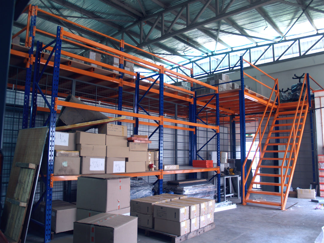 Image of Nutech Rack Supported Platform with Longspan Shelving, Plywood Flooring, and Wire-mesh Back Panel. 