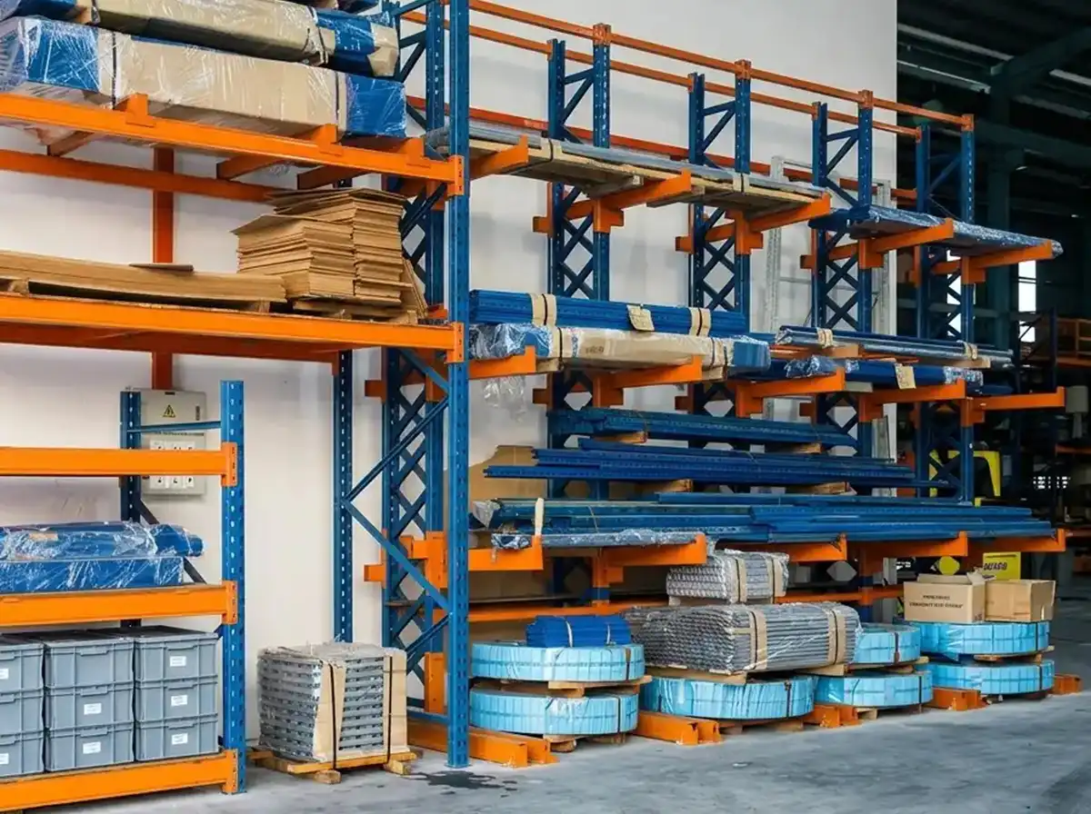 Left: Longspan with Fork Spacers. Right: Medium Cantilever Rack for uprights Long Products, Coils, and other odd size goods.